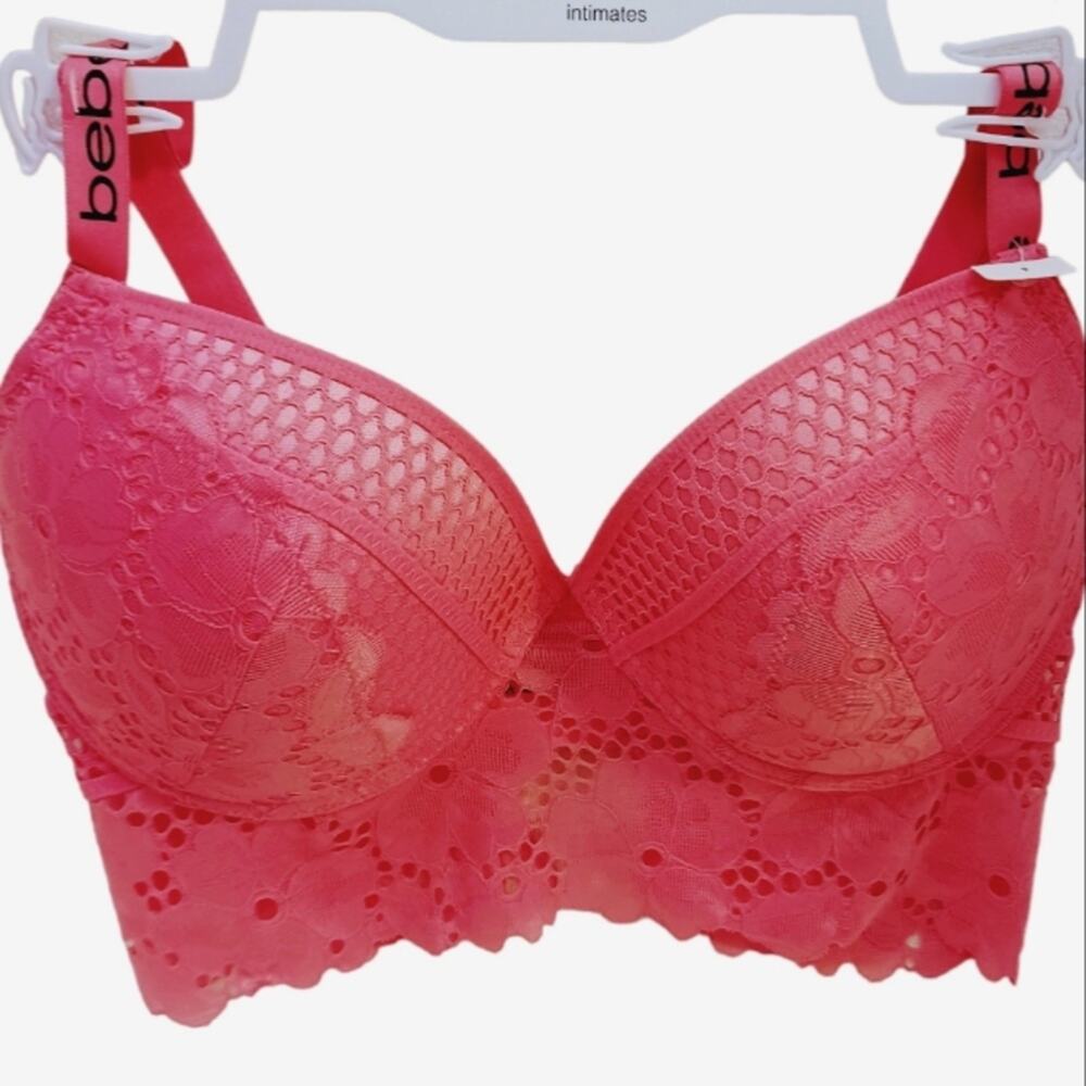 bebe Bustier 38DD Lace Fringe Bra Coral Pink Lace Trim Edge w Sporty Straps